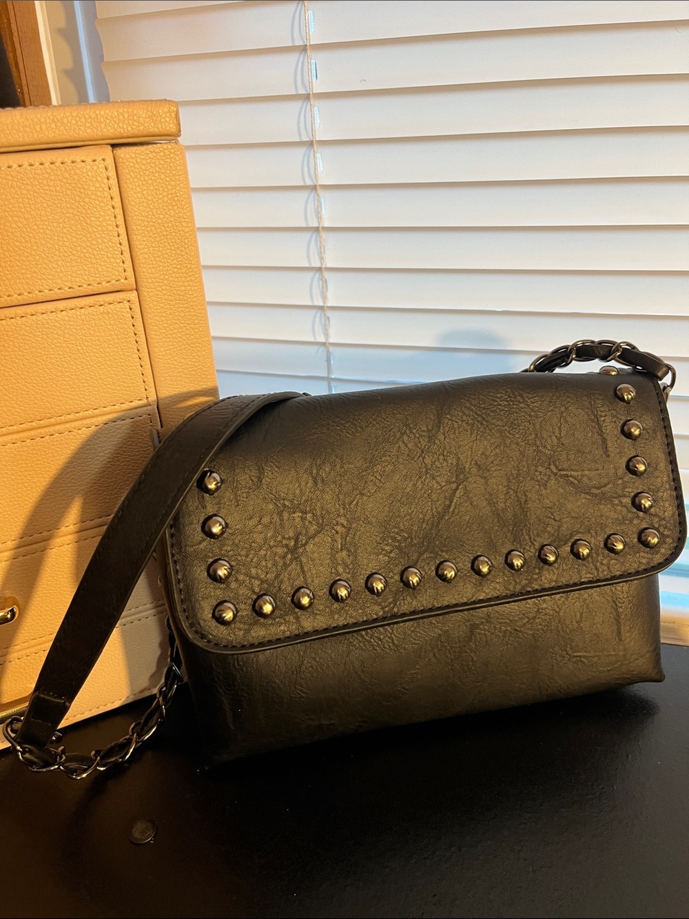 Black Studded Chain-Trim Crossbody Bag by